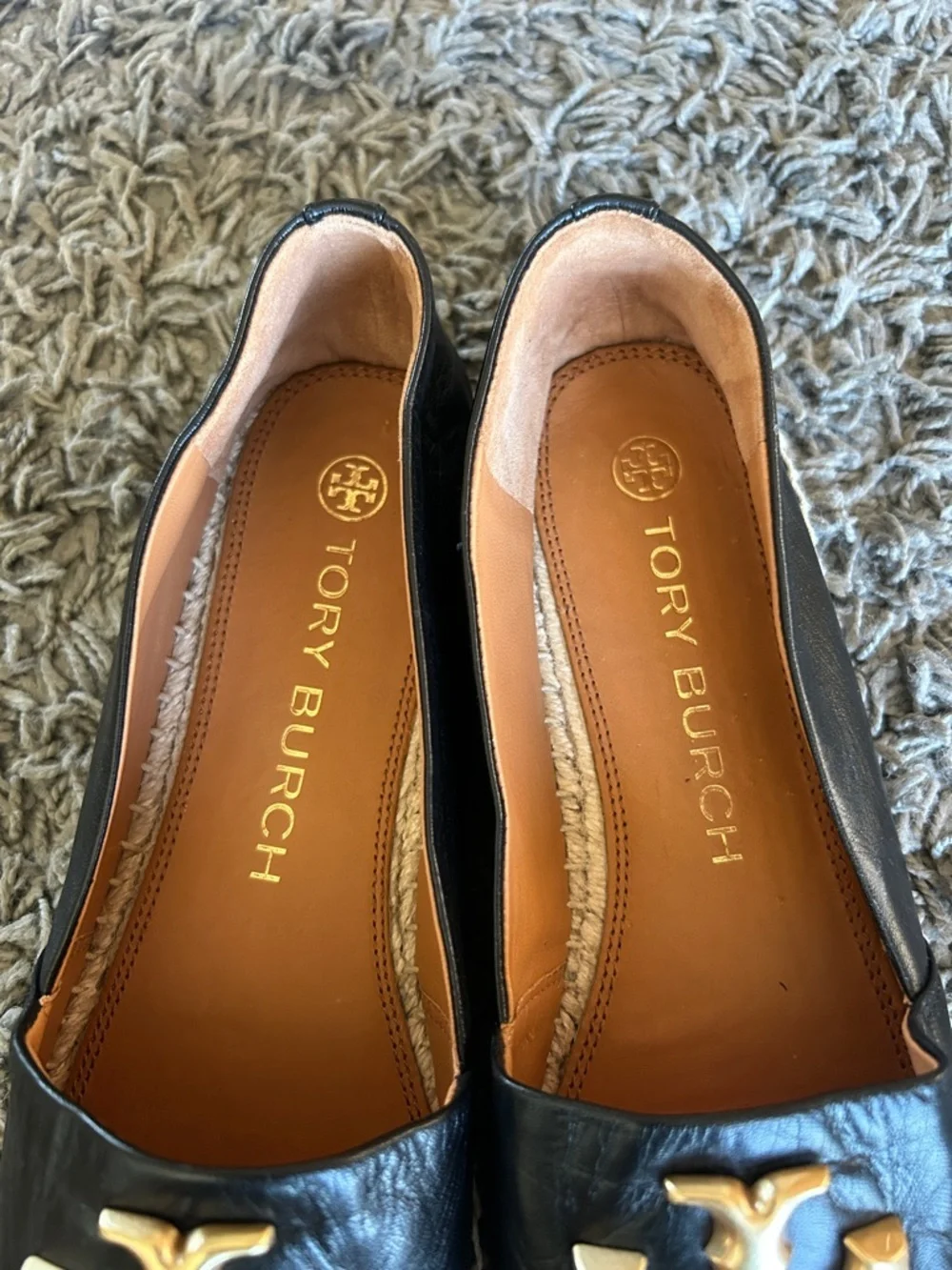 Tory Burch ELEANOR ESPADRILLE Black Leather Espadrille Flats with Gold Logo